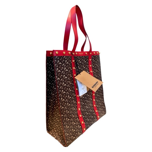 NEW Burberry Red Brown Studded Book Tote Bag - Picture 2 of 9